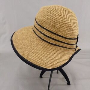 Magid Hats Straw Sun Hat Tan Black Triple Bow Trim Wide Brim Paper Braid